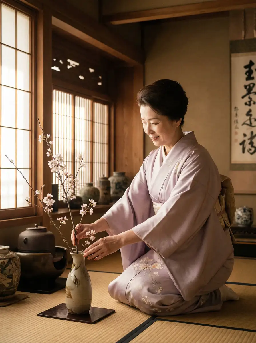 一位优雅的 爱琴岛 在和室中插花
